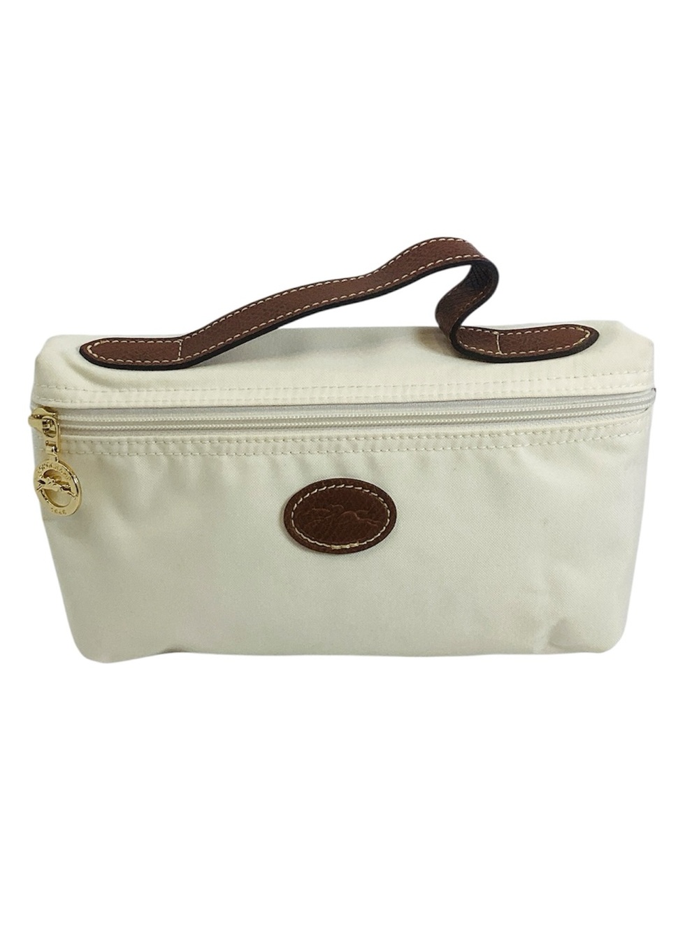 🐸 Longchamp Cream Canvas Cosmetic Case with Brown Leather Trim